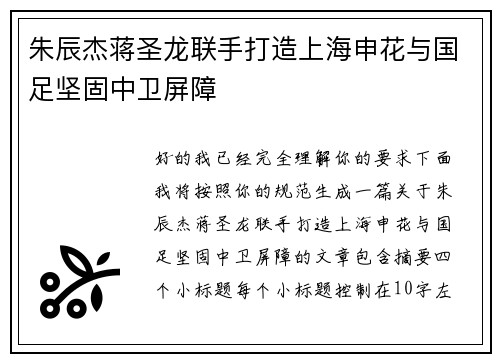 朱辰杰蒋圣龙联手打造上海申花与国足坚固中卫屏障